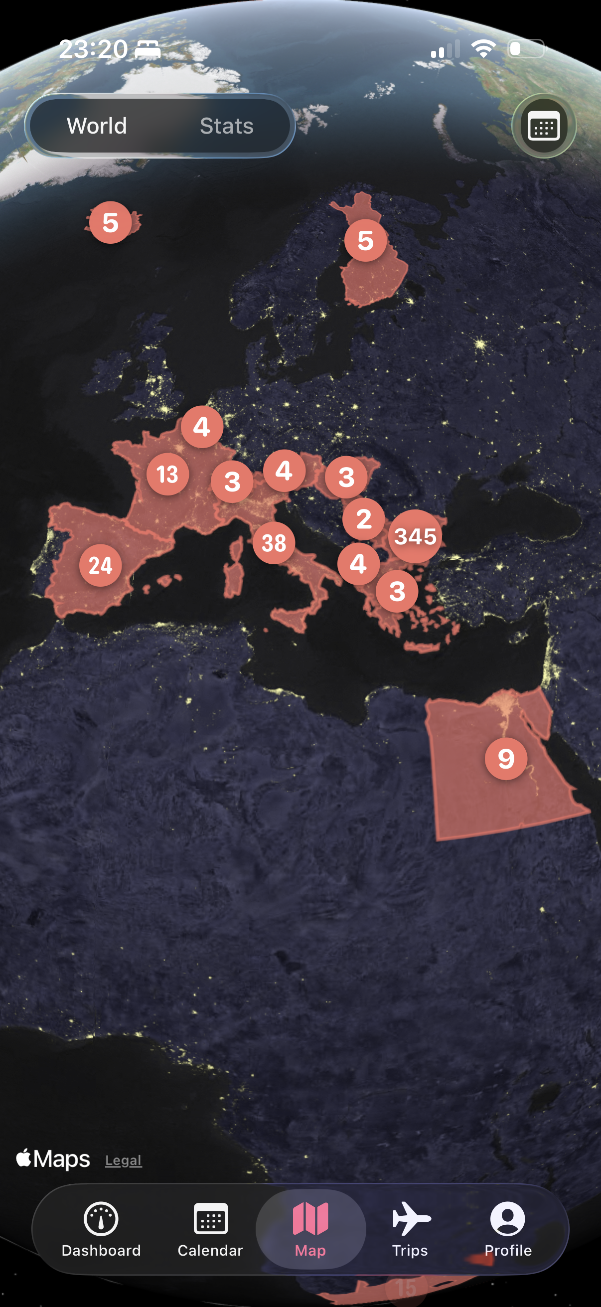Overstay 3D globe showing visited countries with day counts across Europe and North Africa