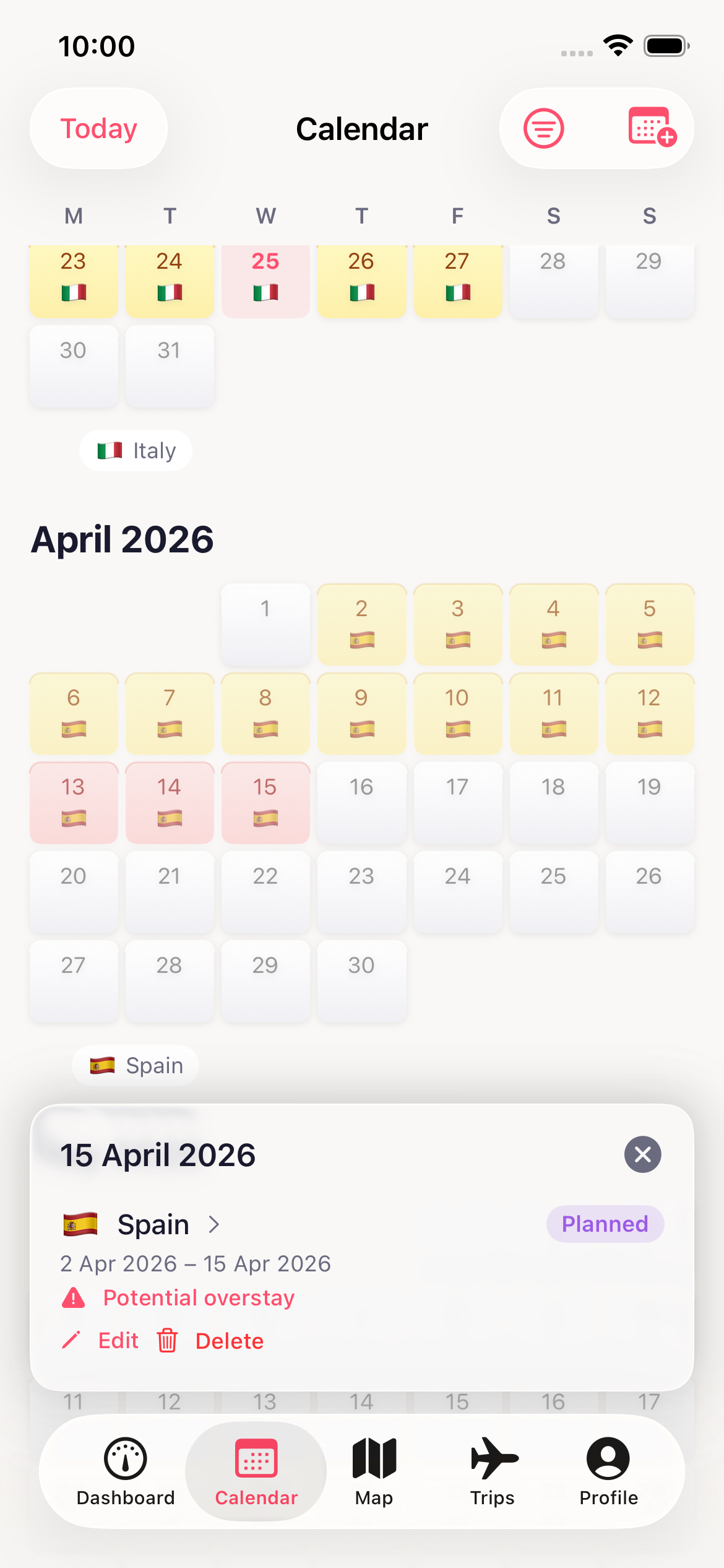 Overstay calendar showing a planned trip to Spain with a potential overstay warning highlighted